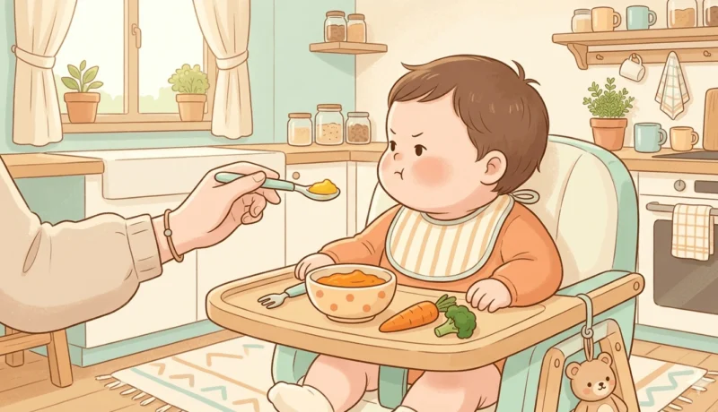 아기가 이유식 의자에 앉아 입을 다물고 엄마가 내미는 숟가락을 거부하는 장면, 트레이에 당근과 브로콜리가 놓인 따뜻한 주방 일러스트