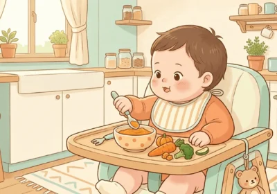 통통한 아기가 이유식 의자에 앉아 단호박 이유식을 숟가락으로 먹으려는 장면, 트레이 위에 당근과 브로콜리가 놓인 따뜻한 주방 일러스트