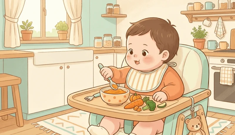 통통한 아기가 이유식 의자에 앉아 단호박 이유식을 숟가락으로 먹으려는 장면, 트레이 위에 당근과 브로콜리가 놓인 따뜻한 주방 일러스트