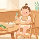 이유식 의자에 앉아 숟가락을 들고 있는 귀여운 아기 일러스트, 테이블 위 이유식 그릇과 채소