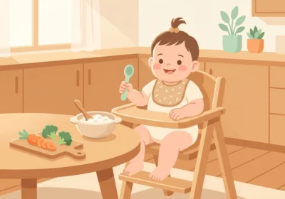 이유식 의자에 앉아 숟가락을 들고 있는 귀여운 아기 일러스트, 테이블 위 이유식 그릇과 채소