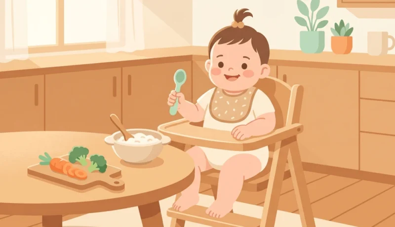 이유식 의자에 앉아 숟가락을 들고 있는 귀여운 아기 일러스트, 테이블 위 이유식 그릇과 채소